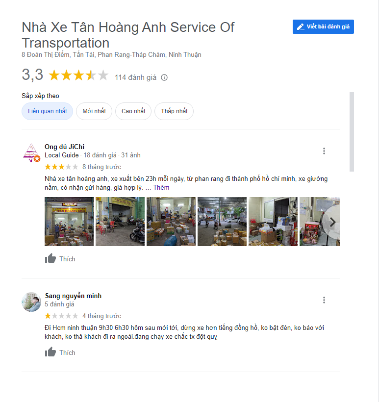 đánh giá về nhà xe tân hoàng anh